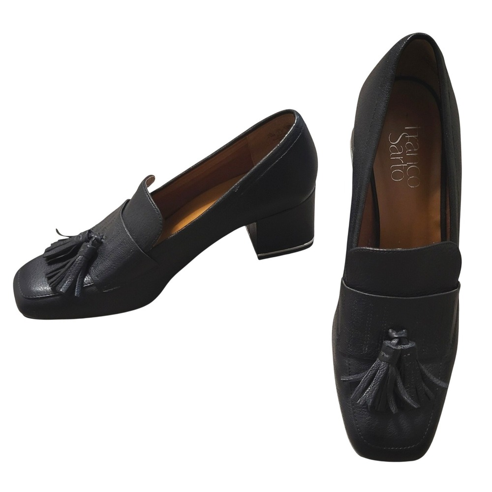 Franco Sarto Rome Black Leather Tassel Block Heel Loafers Square Toe Womens 7.5
